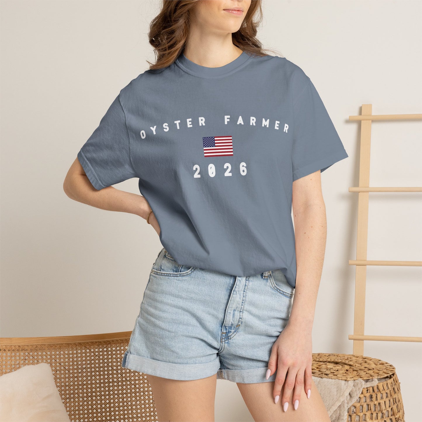 Oyster Farmer 2026 with Flag Tee Shirt - White Letters