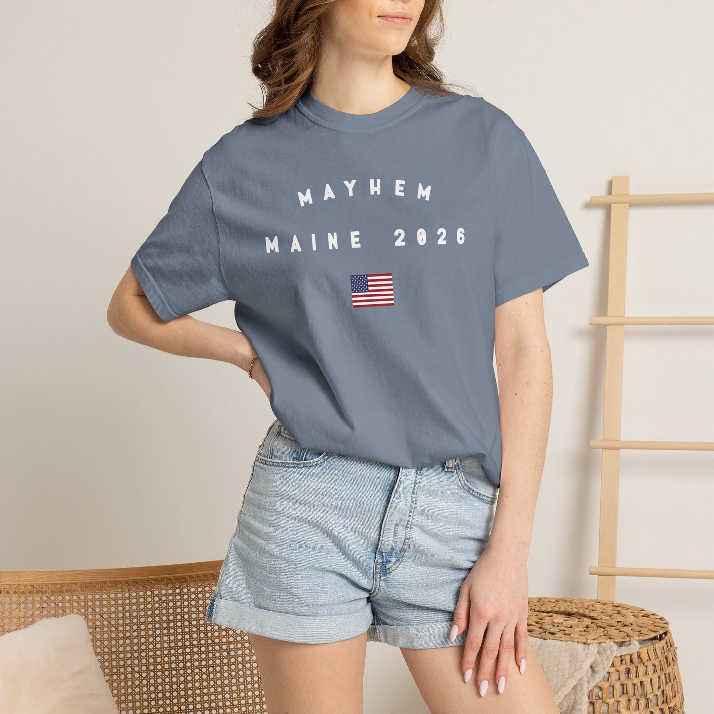 Mayhem Maine 2026 with Flag Tee Shirt - White Letters