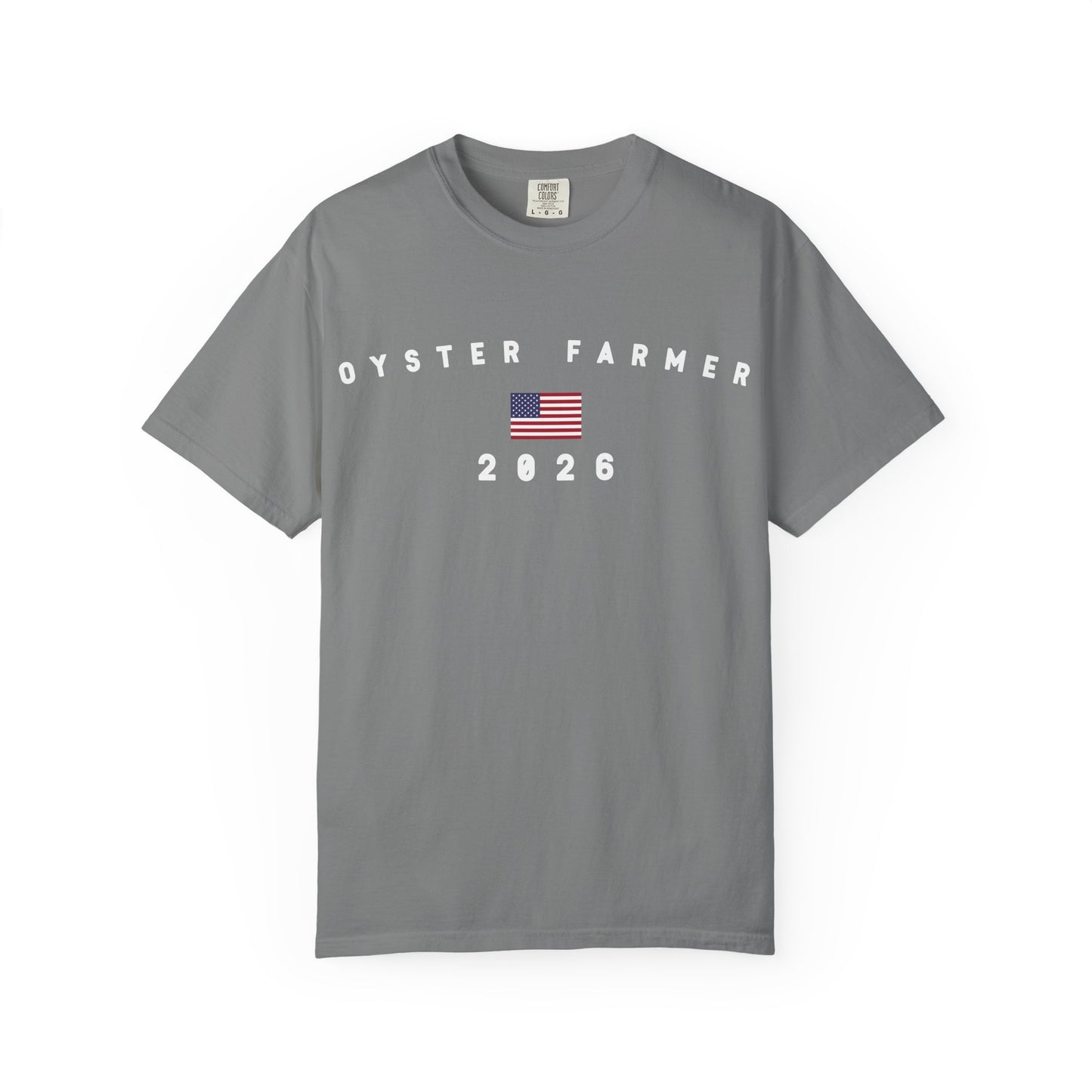 Oyster Farmer 2026 with Flag Tee Shirt - White Letters
