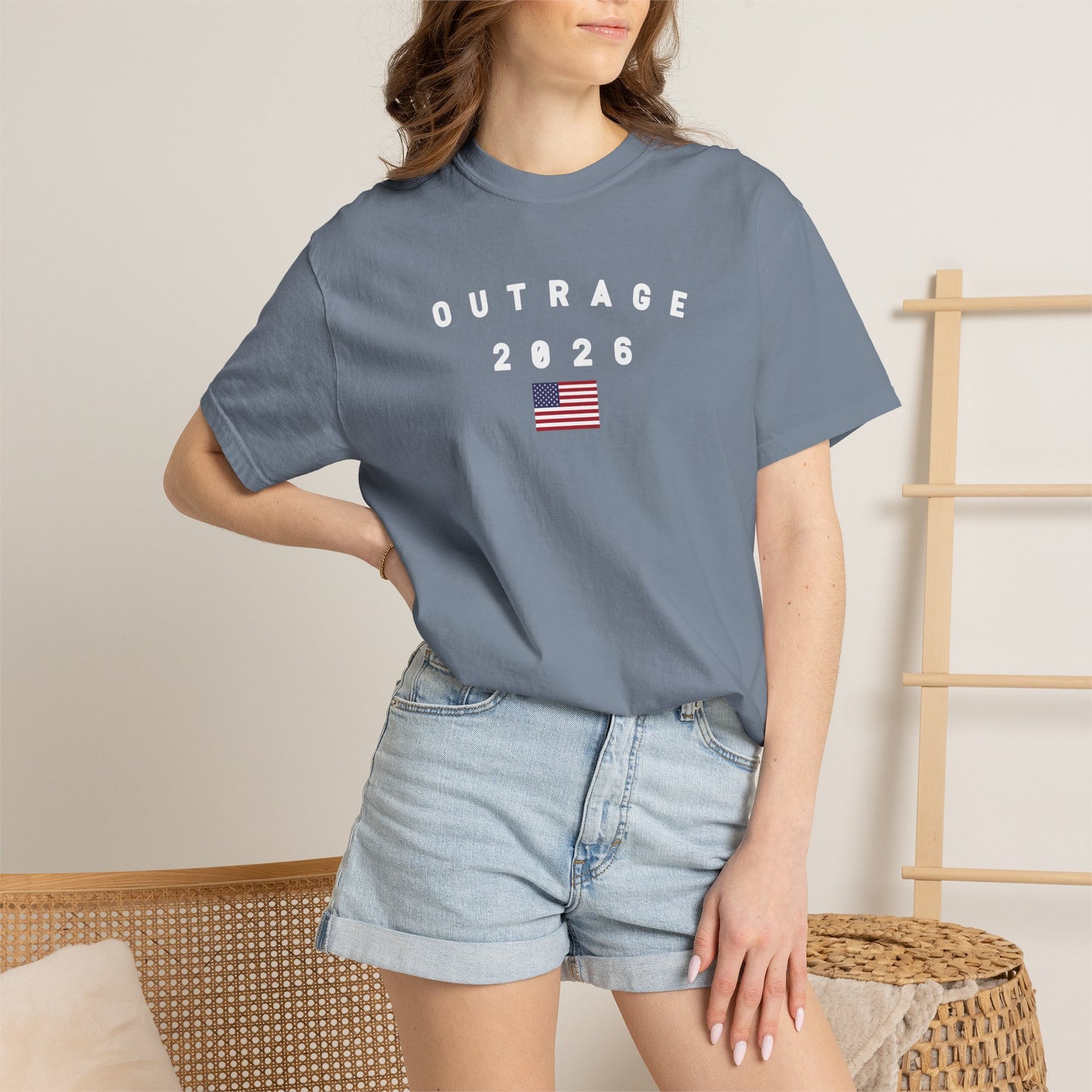 Outrage 2026 with Flag Tee Shirt - White Letters