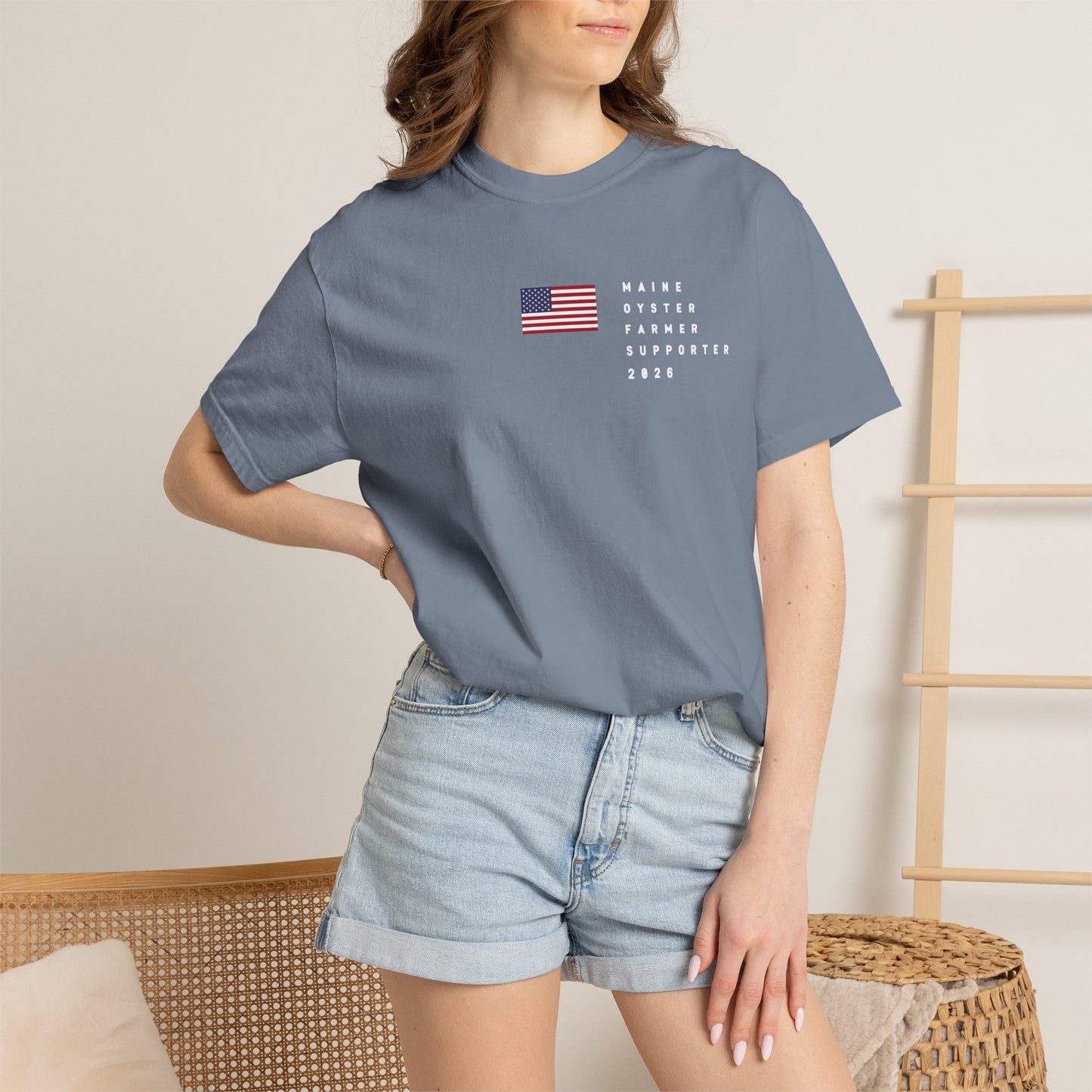 Maine Oyster Farmer Supporter  2026 with Flag Tee Shirt - White Letters